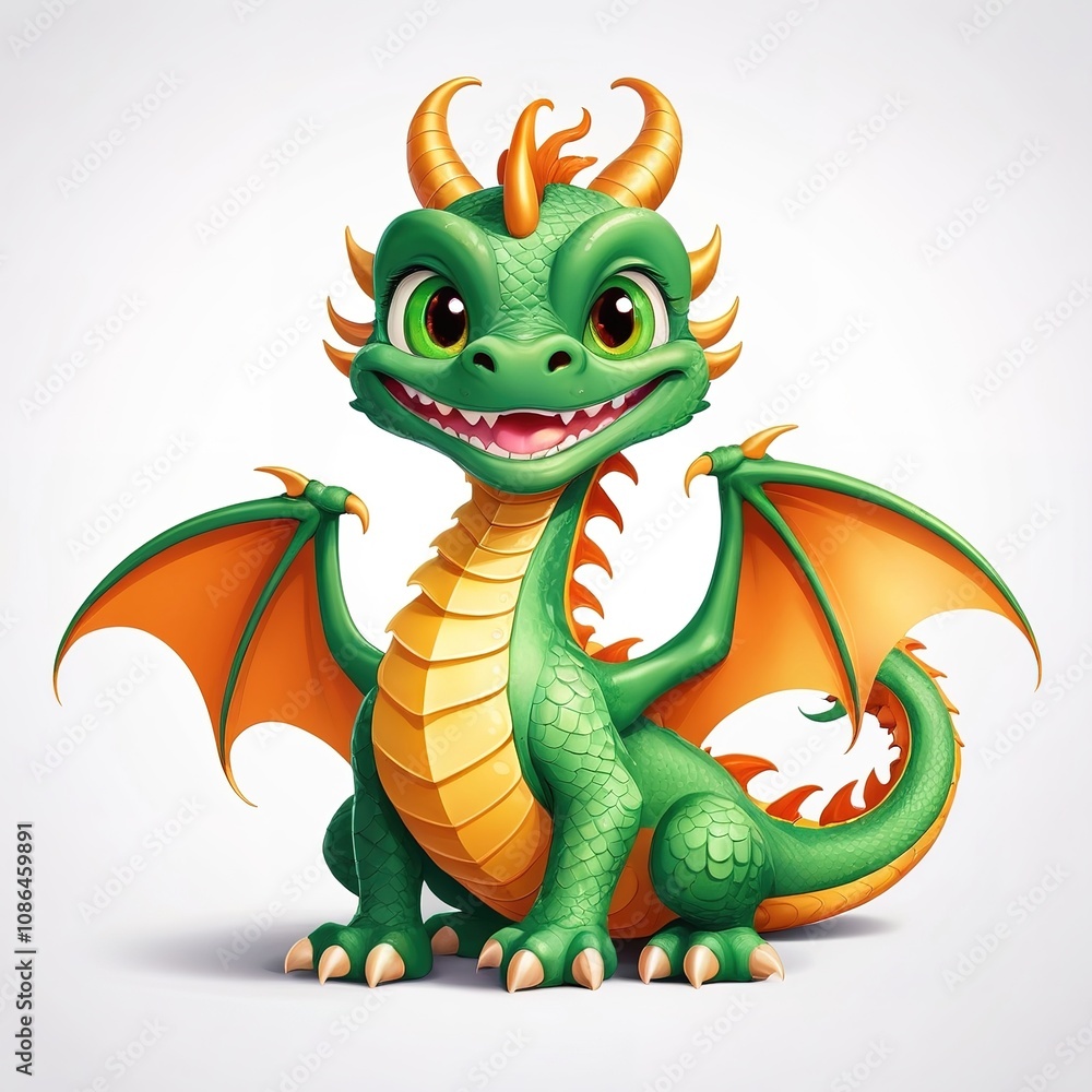 Obraz premium Cheerful green dragon with a cute expression, celebrating Chinese New Year, in vector style on white. 