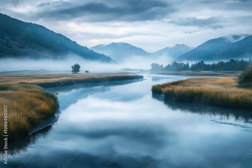 Serene River Winding Through Foggy Mountain Valley Serene River Winding Through Foggy Mountain Valley