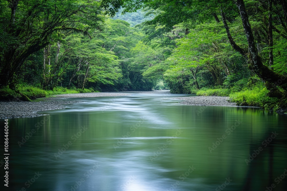 Serene River Flowing Through a Lush Green Forest Serene River Flowing Through a Lush Green Forest