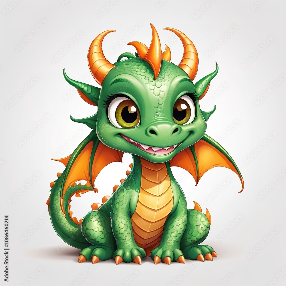 Fototapeta premium Cheerful green dragon with a cute expression, celebrating Chinese New Year, in vector style on white. 