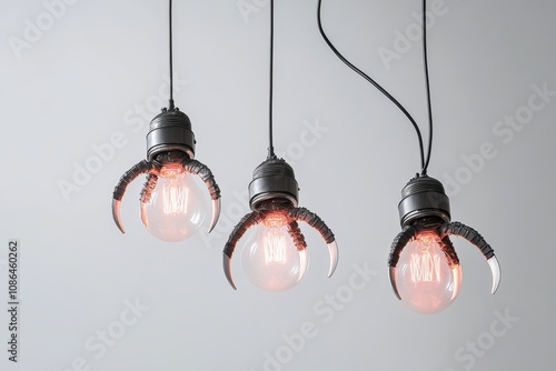 Three unique pendant lights with claw-like designs hang from a white ceiling. photo