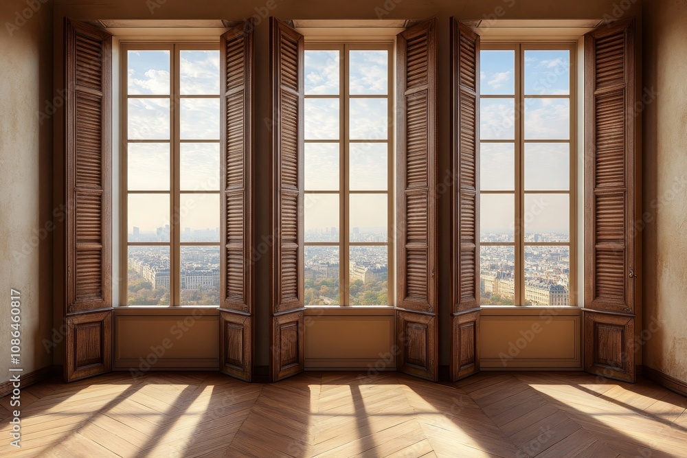 Fototapeta premium Open wooden shutters in a room with large windows overlooking a cityscape with sunlight streaming in.