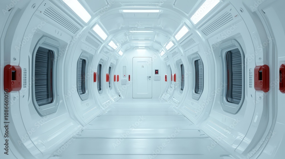 Obraz premium Futuristic White Corridor Spaceship Interior Sci Fi Design 3D Render