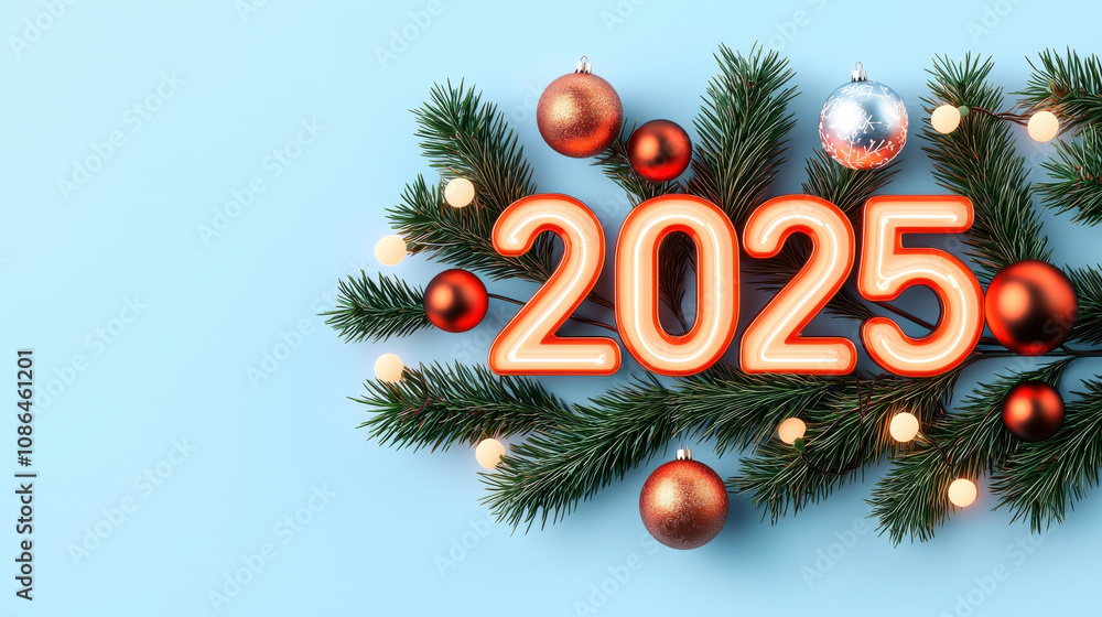 Festive 2025 holiday decoration with pine branches, red and silver ornaments, and lights on blue background Festive 2025 holiday decoration with pine branches, red and silver ornaments, and lights on blue background