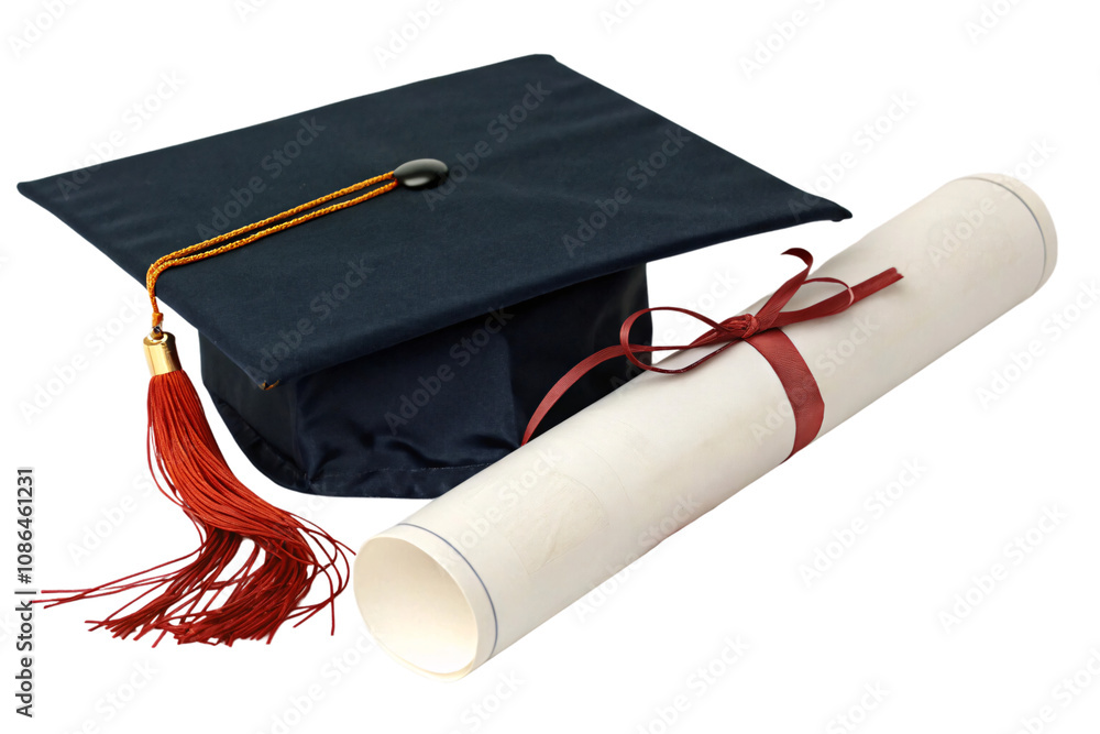 A classic graduation cap with a bold red tassel resting beside a rolled diploma tied neatly with a deep red ribbon, set against a transparent background