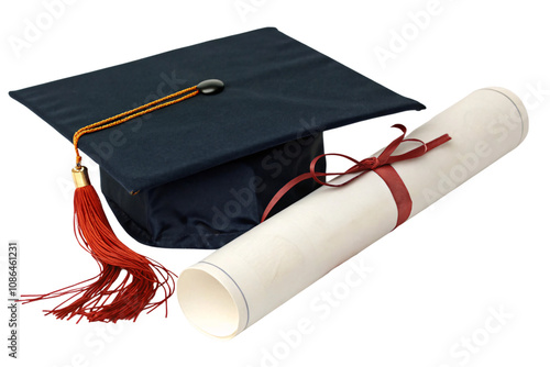 Obraz na płótnie A classic graduation cap with a bold red tassel resting beside a rolled diploma tied neatly with a deep red ribbon, set against a transparent background w salonie