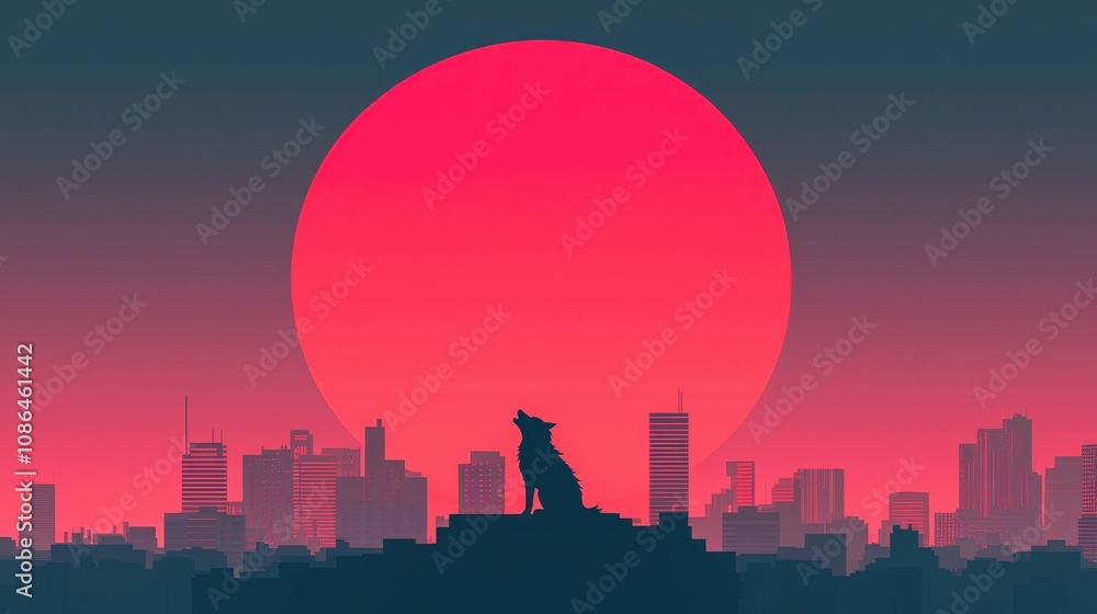 Wolf Howling at Night Cityscape Red Sunset Minimalist Illustration Wolf Howling at Night Cityscape Red Sunset Minimalist Illustration