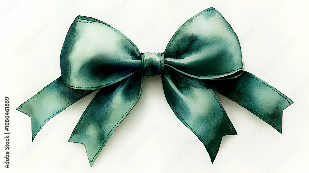 A gentle watercolor painting of a luxurious emerald green velvet bow, resting elegantly, on a clean white background A gentle watercolor painting of a luxurious emerald green velvet bow, resting elegantly, on a clean white background