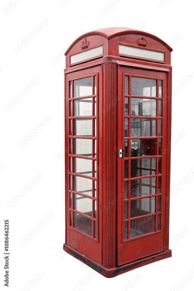 A slightly angled view of a traditional red British phone booth, highlighting its detailed crown and weathered appearance, set against a transparent background A slightly angled view of a traditional red British phone booth, highlighting its detailed crown and weathered appearance, set against a transparent background