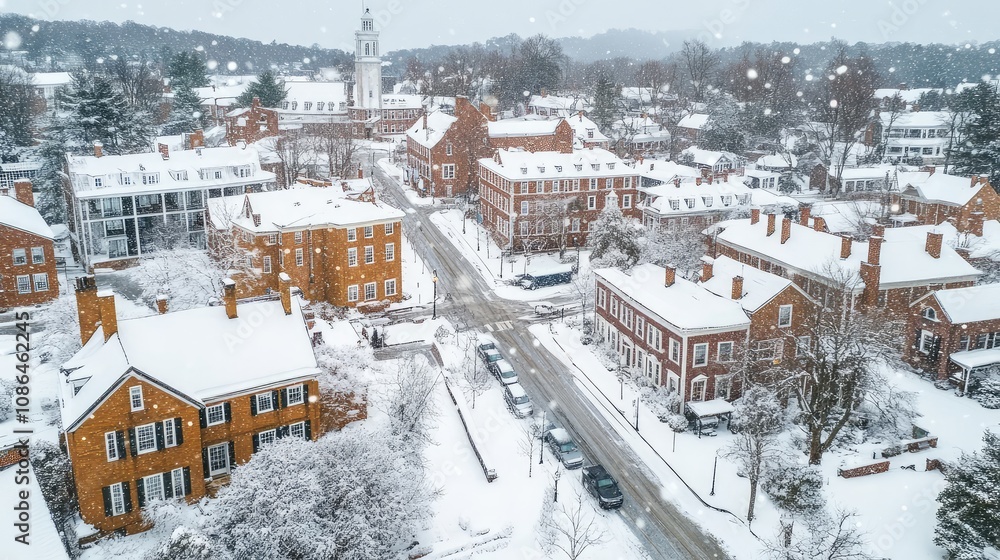 Obraz premium Historic district under snowfall, with classic buildings and a peaceful white blanket covering streets and rooftops