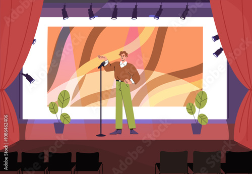 Stand up show. Man on stage with microphone tells jokes. Entertainment, fun and leisure. Comedian performs from stage. Cultural rest and recreation. Flat vector illustration