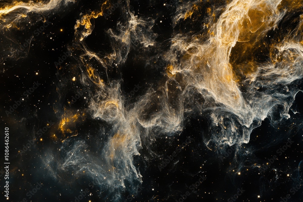 A cosmic nebula of swirling gas and dust, illuminated by stars. A cosmic nebula of swirling gas and dust, illuminated by stars.
