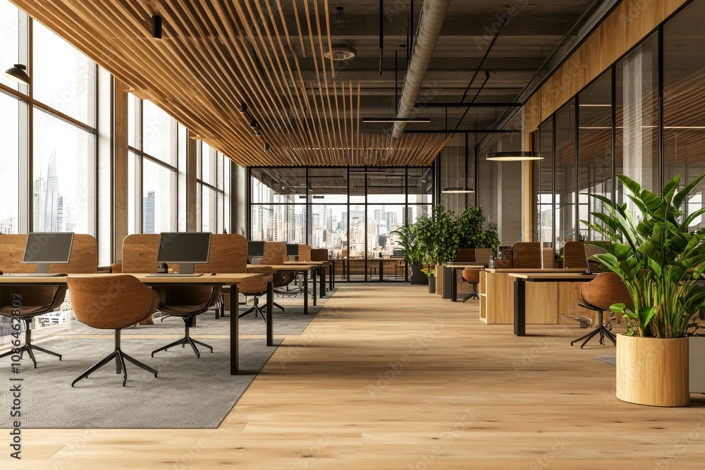 Modern, open-plan office space with wood accents, large windows, and city views. Modern, open-plan office space with wood accents, large windows, and city views.