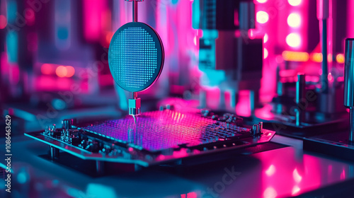 A detailed view of semiconductor fabrication with advanced machinery operating under vibrant lights photo