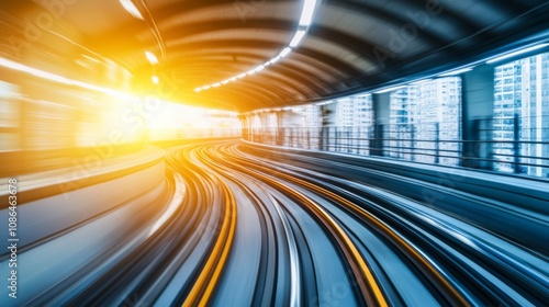 Dynamic Motion of a Train in a Modern Urban Setting Captured During Golden Hour, Displaying Blurred Tracks and Bright Sunlight