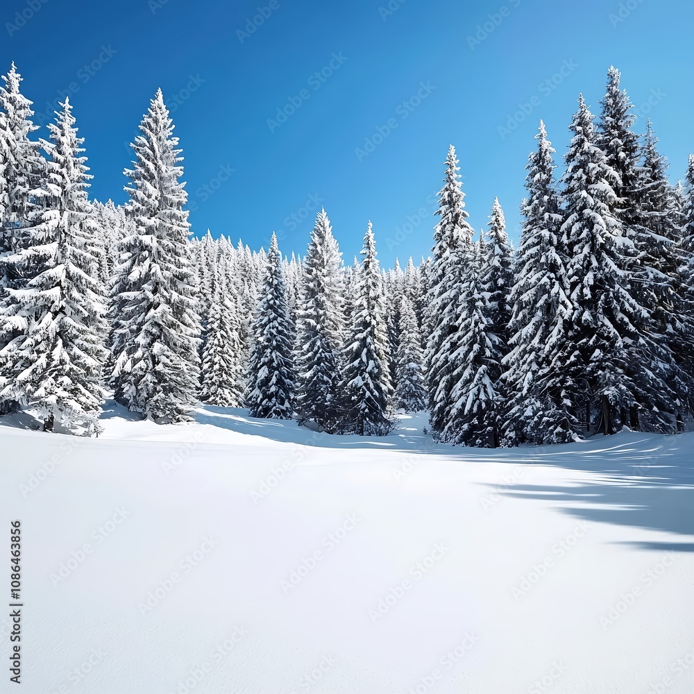 A serene winter landscape featuring a snow-covered pine forest under a clear blue sky, showcasing the delicate interplay of light on the pristine snow. The tall trees are dusted with frost, creating A serene winter landscape featuring a snow-covered pine forest under a clear blue sky, showcasing the delicate interplay of light on the pristine snow. The tall trees are dusted with frost, creating