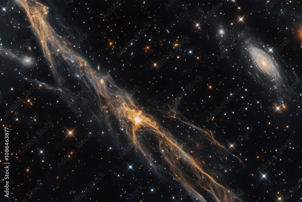 A cosmic ribbon of gas and dust, known as the Veil Nebula, glows brightly against the backdrop of a starry sky. A cosmic ribbon of gas and dust, known as the Veil Nebula, glows brightly against the backdrop of a starry sky.