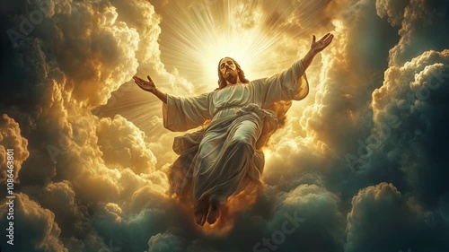 Jesus Christ floating in the clouds, radiant light shining down on him from above, The resurrected Jesus Christ ascending to heaven and Second Coming concept 4k video
