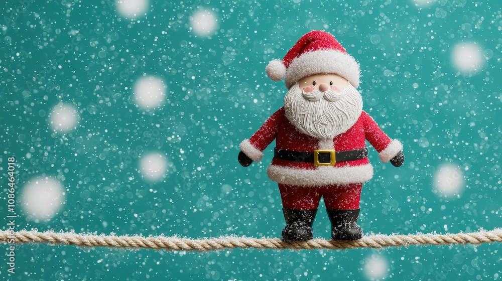 Festive Santa Figurine Balancing on Rope Winter Wonderland 3D Render Festive Santa Figurine Balancing on Rope Winter Wonderland 3D Render