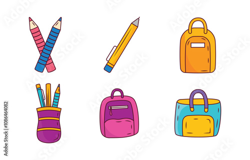 Elements Set of School Stationery Tool and Equipment with Pencil Pen Bag