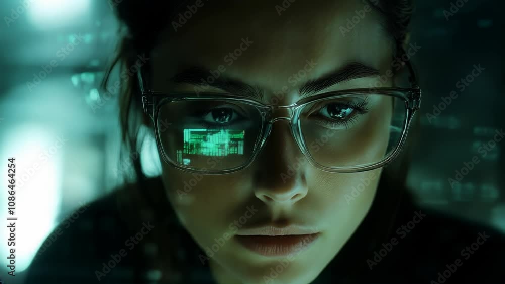 A futuristic and dynamic background, business woman wearing glasses In front of it is an animated hologram, looking at data graphs on a screen. Data technology portrait A futuristic and dynamic background, business woman wearing glasses In front of it is an animated hologram, looking at data graphs on a screen. Data technology portrait