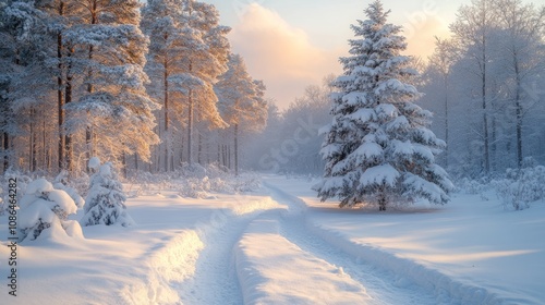 Snowy winter landscape with a serene path through trees.