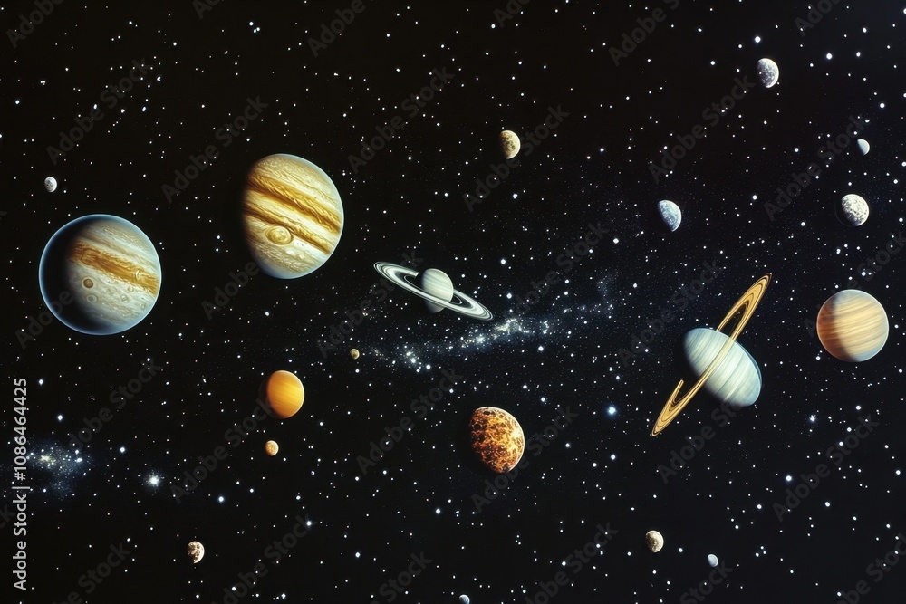 A depiction of the solar system with planets, moons, and stars against a dark background. A depiction of the solar system with planets, moons, and stars against a dark background.