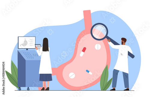 Doctors studying stomach. Woman and man in medical suits with magnifying glass examine internal organs. Anatomy and biology. Bacteria and microflora, gut. Flat vector illustration
