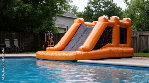 An orange inflatable slide stands invitingly beside a serene backyard pool under a lush canopy of trees.