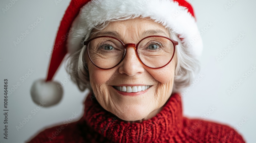 A smiling elderly woman with a rosy complexion and short gray hair, wearing a Santa hat A smiling elderly woman with a rosy complexion and short gray hair, wearing a Santa hat