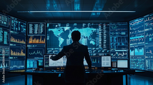 Data analyst working in a high-tech control room with multiple screens displaying global information