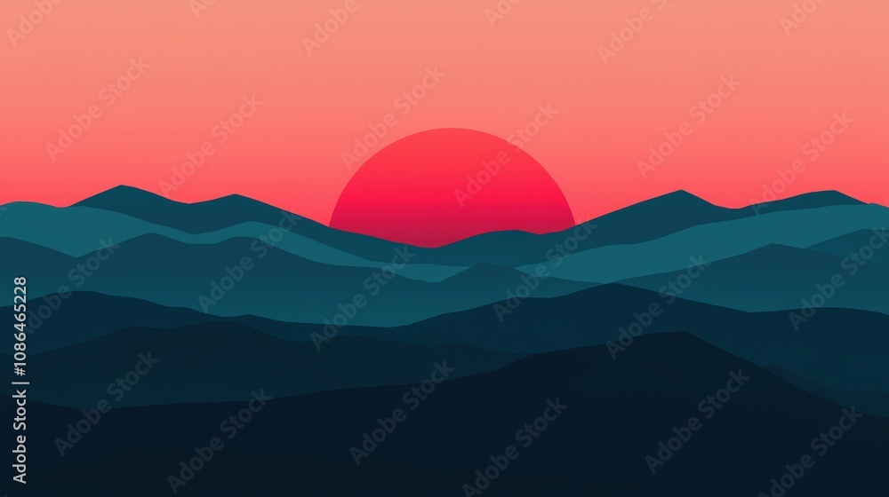 Stunning Sunrise Landscape Mountains Red Sun Teal Hills Nature Scene Stunning Sunrise Landscape Mountains Red Sun Teal Hills Nature Scene