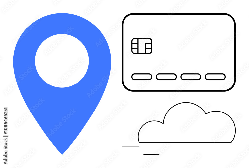 Blue map pin, abstract credit card, and cloud icon. Ideal for online transactions, location services, GPS, digital payments, cloud storage fintech and mobile apps. Line metaphor Blue map pin, abstract credit card, and cloud icon. Ideal for online transactions, location services, GPS, digital payments, cloud storage fintech and mobile apps. Line metaphor