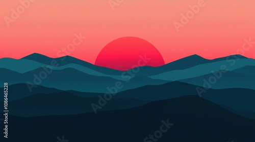 Stunning Sunrise Landscape Mountains Red Sun Teal Hills Nature Scene