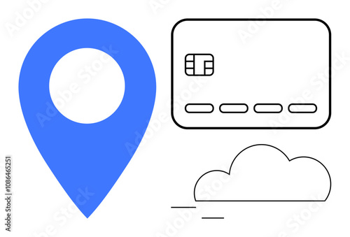Blue map pin, abstract credit card, and cloud icon. Ideal for online transactions, location services, GPS, digital payments, cloud storage fintech and mobile apps. Line metaphor