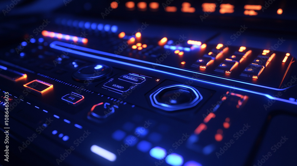 Futuristic control panel with glowing buttons and screens in a dark environment at night Futuristic control panel with glowing buttons and screens in a dark environment at night