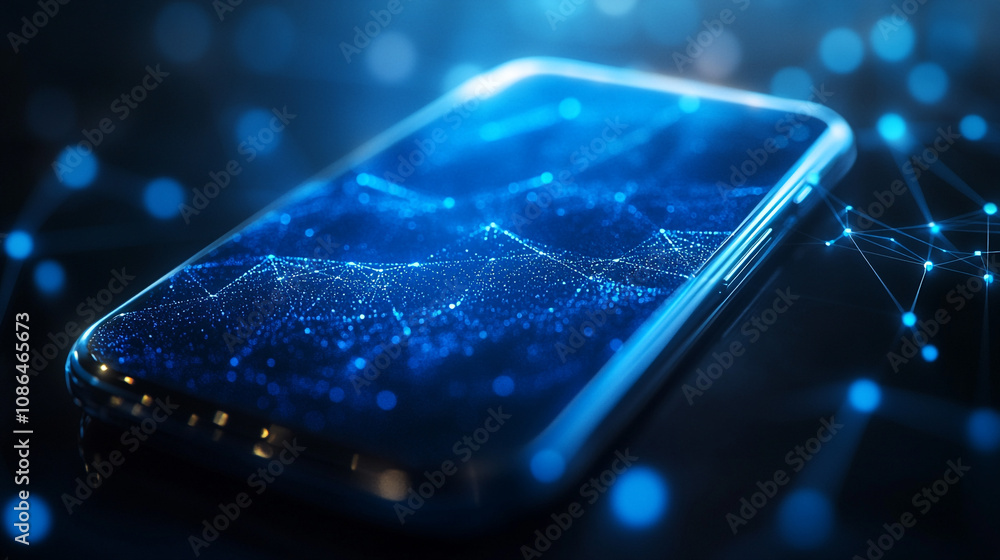 A smartphone displaying a digital network design with glowing blue lines and dots A smartphone displaying a digital network design with glowing blue lines and dots