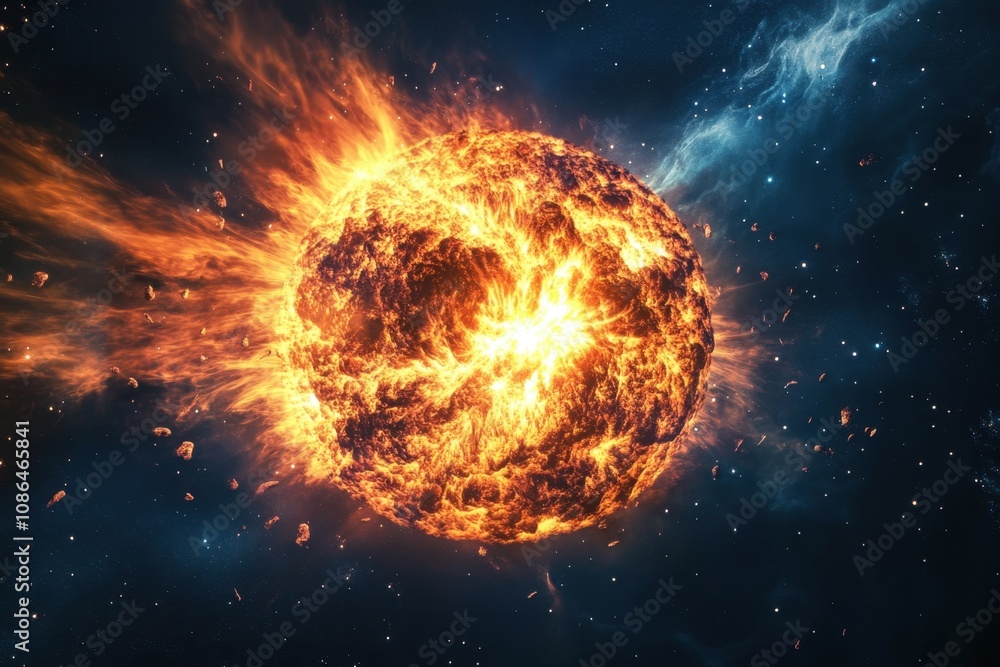 A fiery explosion in space with flames and debris. A fiery explosion in space with flames and debris.
