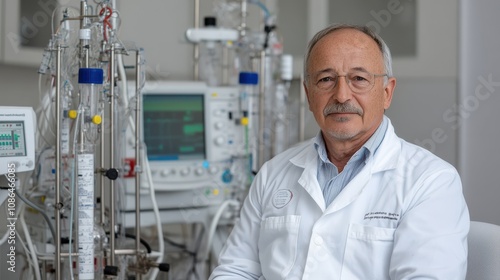 A confident scientist in a white lab coat sits amid intricate lab equipment, exuding professionalism and dedication in a world of discovery.