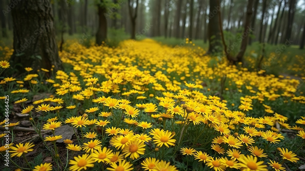 Obraz premium A carpet of bright yellow daisies covering a forest floor, daisies, yellow flowers, yellow daisies