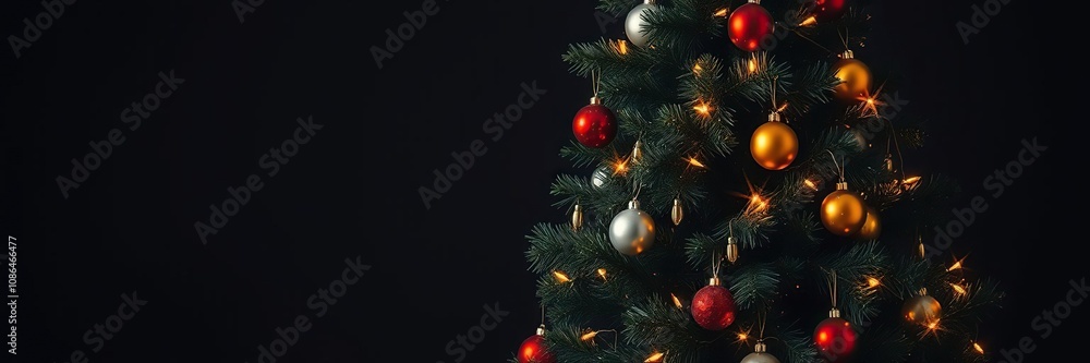 A Christmas tree is set against a dark background with numerous shiny lights and colorful baubles scattered throughout its branches, cozy atmosphere, festive color scheme A Christmas tree is set against a dark background with numerous shiny lights and colorful baubles scattered throughout its branches, cozy atmosphere, festive color scheme
