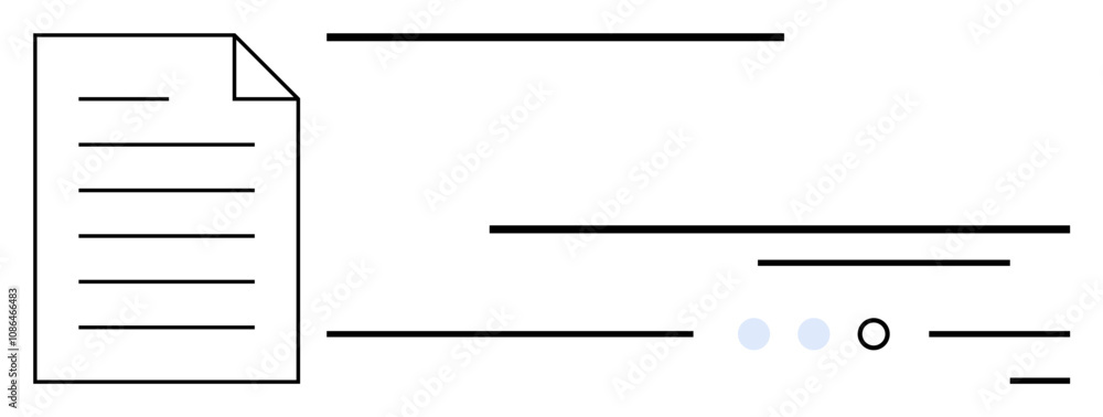 Paper document with text lines next to various horizontal lines and three blue dots and a circle. Ideal for document processing, communication flow, office tasks, digital content, organization Paper document with text lines next to various horizontal lines and three blue dots and a circle. Ideal for document processing, communication flow, office tasks, digital content, organization