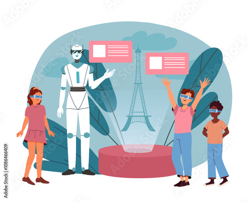 VR study of architecture. Boys and girls in virtual reality glasses near robot guide. Artificial intelligence and virtual assistant. Flat vector illustration isolated on white background