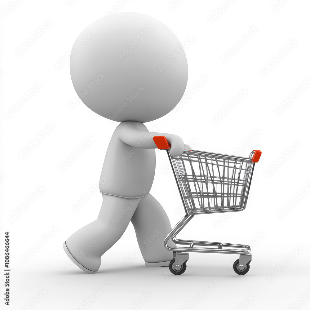 3d white grey human figure pushing an empty shopping cart. Concept of shopping and retail. 3d white grey human figure pushing an empty shopping cart. Concept of shopping and retail.
