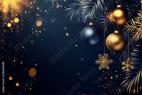 Black background with gold and dark blue Christmas decorations, creating an elegant frame for text or graphics. The design features pine branches, glittery ornaments, golden sprinkles, and small metal