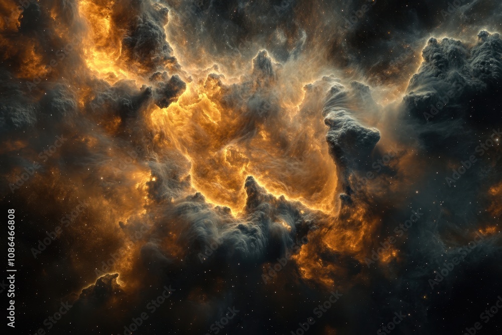 Fototapeta premium A fiery nebula in space with a dark cloudy background.