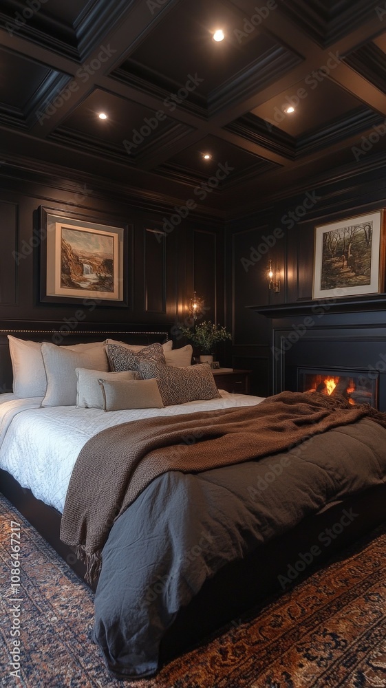 grand master suite, moody, wainscoting on walls, cozy and inviting, warm and inviting with artwork on walls and fireplace opposite the king bed