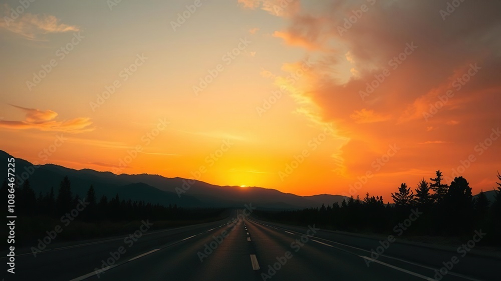 A dramatic sunset on an empty stretch of asphalt road with mountains and trees in the foreground and a bright orange sky behind, warm tones, natural scenery, empty road A dramatic sunset on an empty stretch of asphalt road with mountains and trees in the foreground and a bright orange sky behind, warm tones, natural scenery, empty road