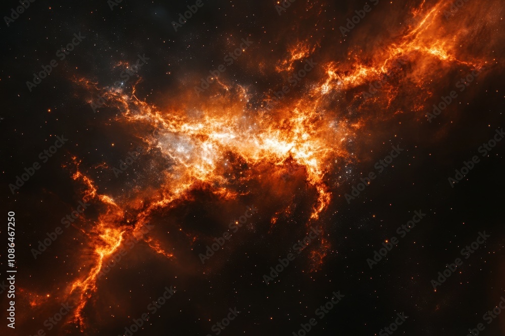 A fiery nebula swirls against a backdrop of distant stars. A fiery nebula swirls against a backdrop of distant stars.