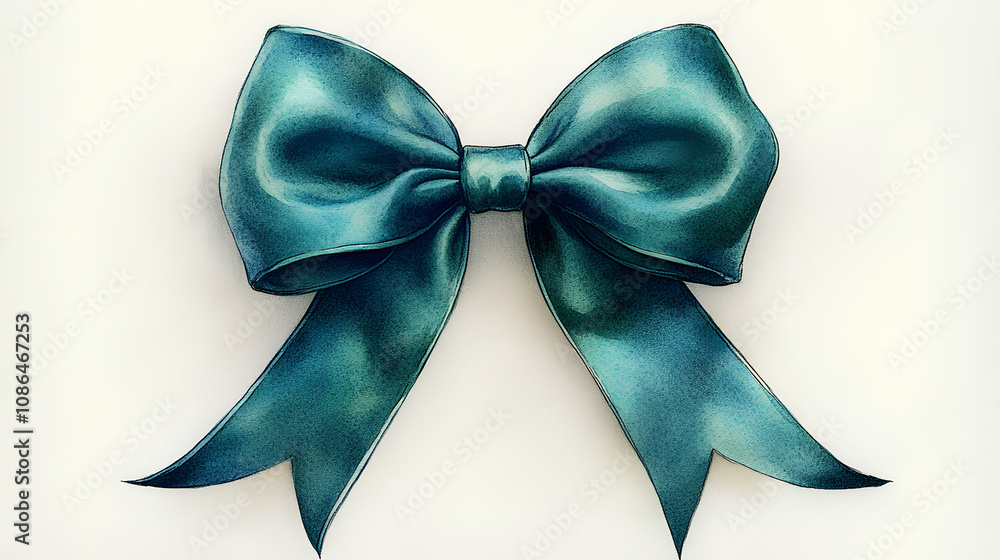 A vibrant watercolor illustration of a deep green velvet bow with elegant, flowing tails, resting gently on a pure white canvas A vibrant watercolor illustration of a deep green velvet bow with elegant, flowing tails, resting gently on a pure white canvas